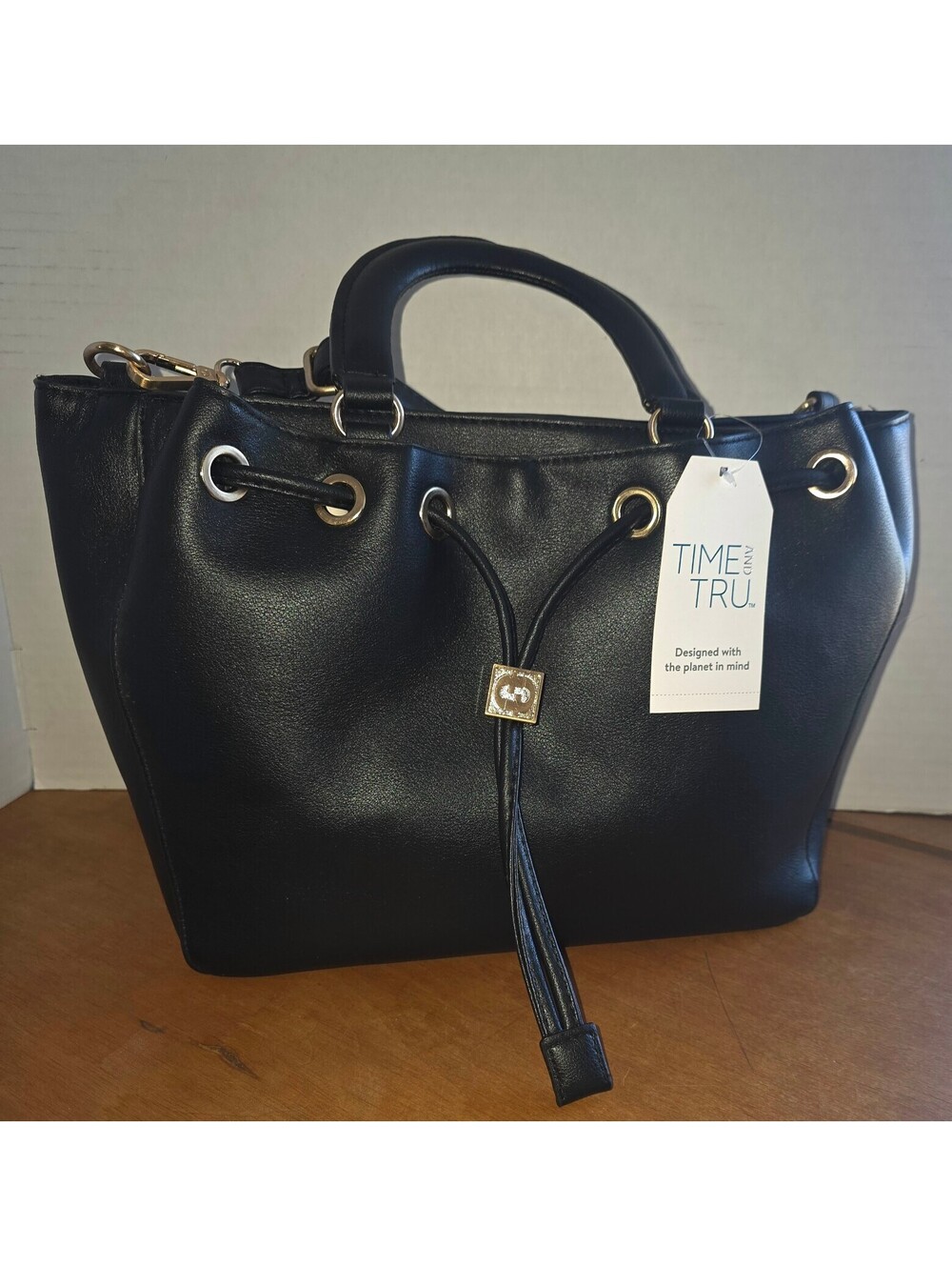 NWT. Time and Tru black faux leather drawstring tote handbag / purse
